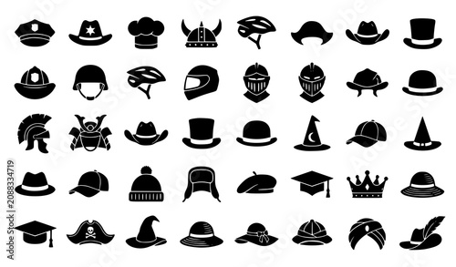 Принти на полотні Hat and helmet silhouette icon set with police cap chef hat Viking helmet winter