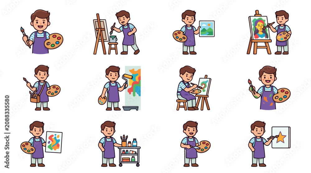 Fototapeta premium Modern Cartoon Illustrations of a Child Artist Engaged in Various Creative Painting Activities with Bright Colors and Art Supplies