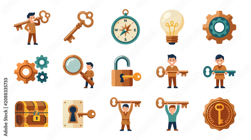 Fototapeta premium Modern Flat Set of Keys Gears Treasure Chest and Locks with Happy Characters in Earthy Tones with high quality professional line art symbols for modern creative design and digital branding projects