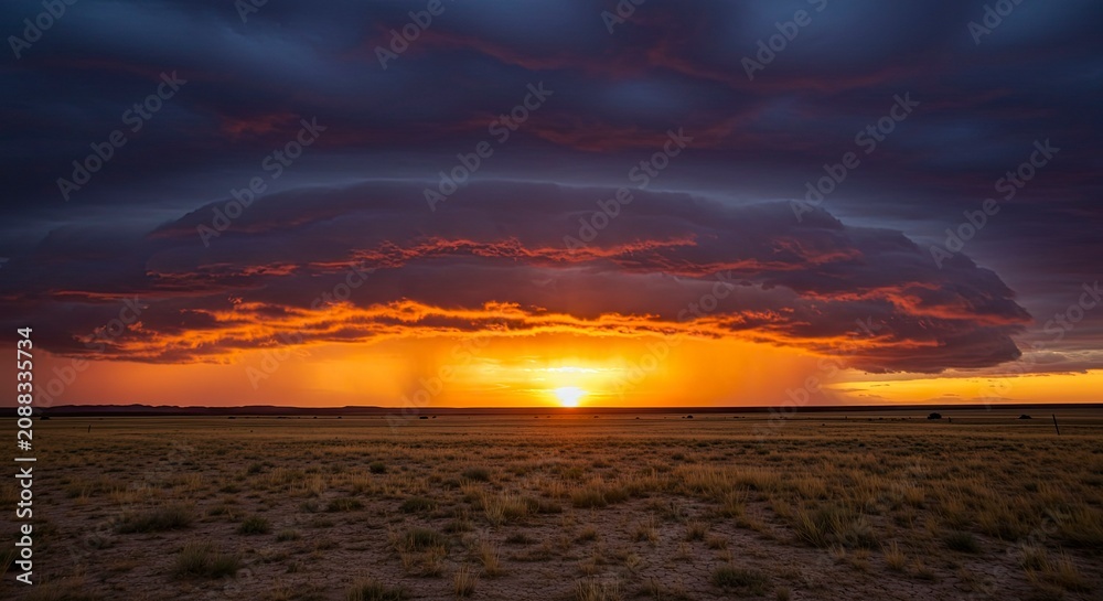Fototapeta premium Dramatic Sunset Over Arid Landscape with Storm Clouds