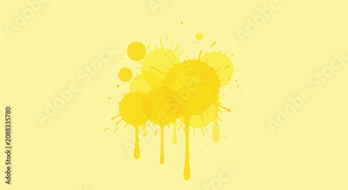 Vibrant lemon yellow paint splat and dripping liquid drops on a pale yellow background. Graphic illustration of ink splatters, paint blobs, and messy spray art for creative design.