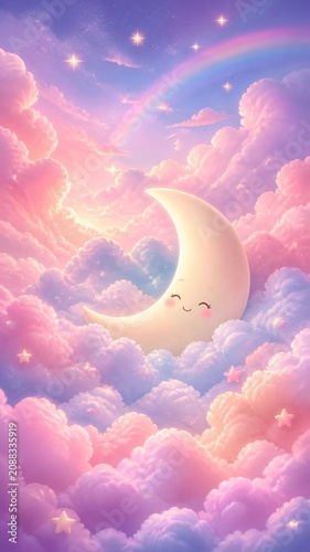 An enchanting mobile wallpaper of fluffy, cotton-candy-like clouds in a pastel pink, lavender, and soft blue sky. A gentle, smiling crescent moon nestled among the clouds.