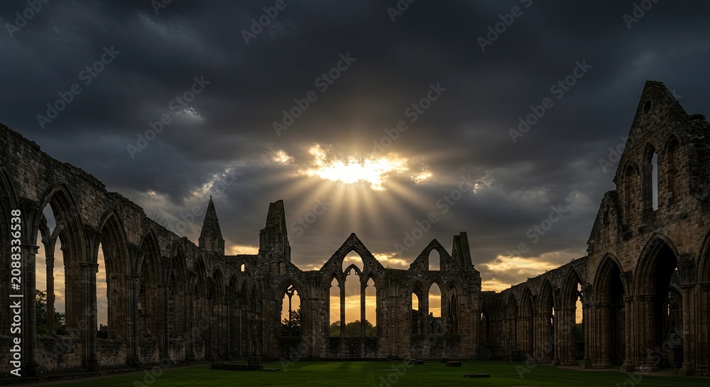 Fototapeta premium Dramatic Sunset Rays Through Ancient Abbey Ruins