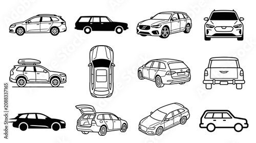 Bild auf Leinwand Black Station Wagon Car Vector Icon Set Featuring Front Side Rear Top and Perspe