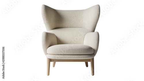 Foto Cream textured wingback armchair with wooden legs, isolated on transparent backg