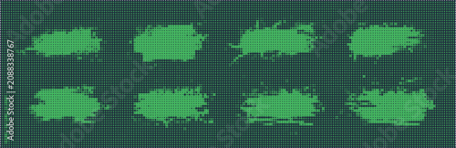 Foto Set of eight abstract green halftone brush strokes on a dark grid background, featuring a stylized digital dot matrix effect for modern artistic and creative graphic design work