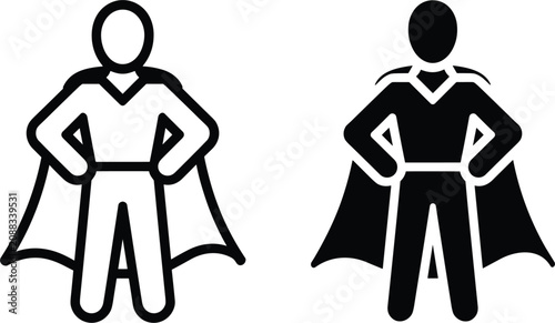 Superhero icon outline and solid black silhouette on white background symbol