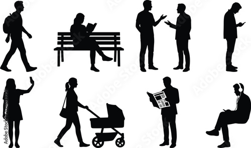 People in city silhouettes bundle featuring walking reading talking using smartphones and pushing baby stroller