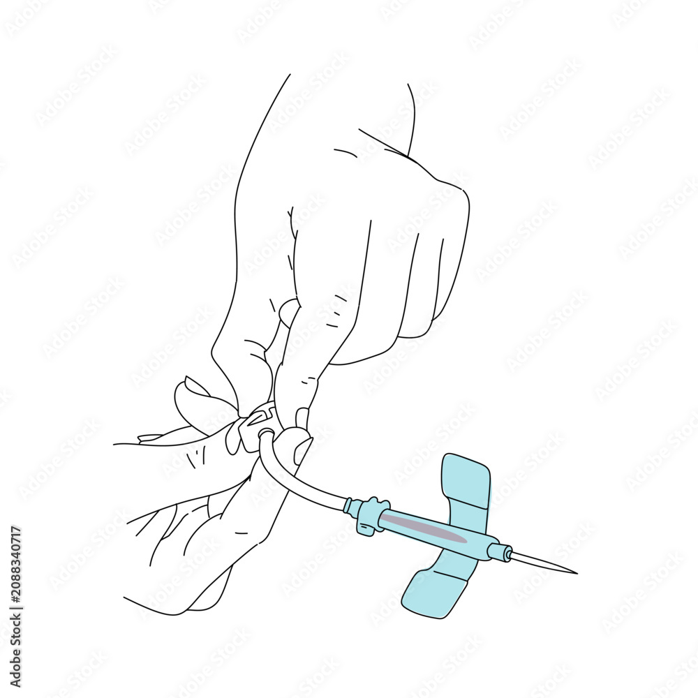 Obraz premium Hand holding a blood donor injection tube illutration line art drawing. Medical and health illustration