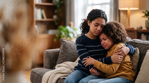 Emotional family moment as older sister comforts crying younger sibling on sofa at home with empathy and support