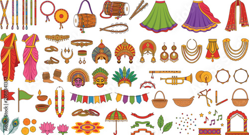 Indian Traditional Festival Collection with Cultural Clothing Musical Instruments Jewelry Decorations Folk Art and Celebration Vector Elements