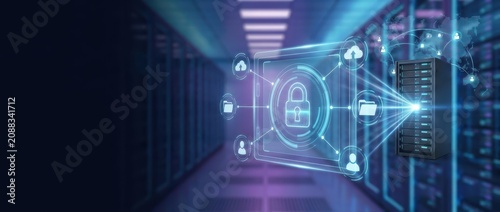 Advanced data protection idea featuring a digital lock alongside a server rack set in a cutting edge technological space