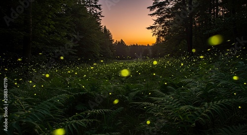 Enchanting Forest at Dusk with Swarms of Fireflies