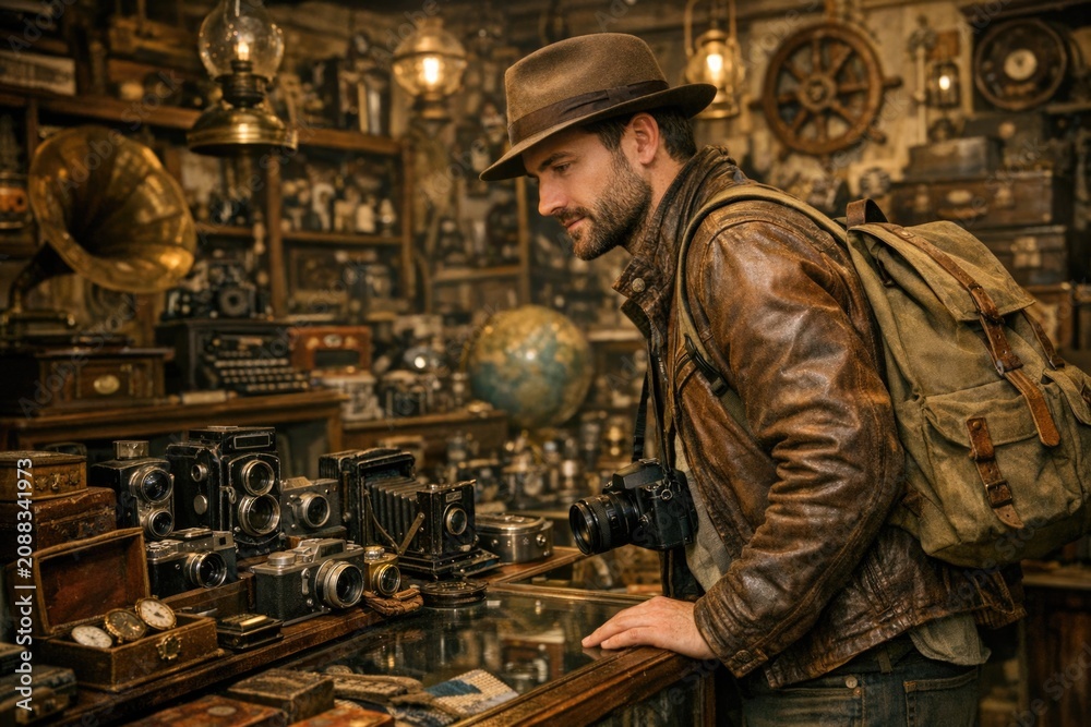 Obraz premium A person admiring vintage cameras on display, potentially sparking nostalgia or inspiration for photography enthusiasts