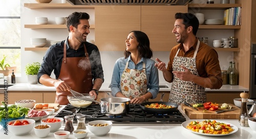 Cheerful friends in kitchen preparing food together cooking healthy meal laughing and enjoying time