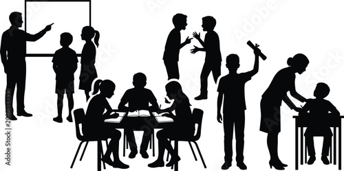 School classroom silhouettes set featuring teacher students studying reading discussing and celebrating graduation achievement
