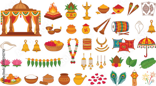 Indian Wedding and Hindu Festival Collection with Mandap Kalash Diya Garlands Ritual Decorations Ceremonial Items and Cultural Vector Elements