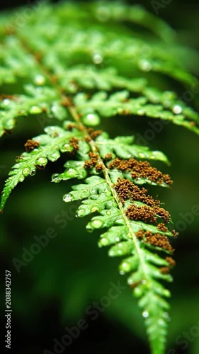 Green fern leaf with water drops and brown spores