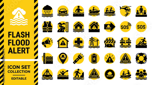 Konstfotografi Flash flood alert icons with emergency rescue and safety symbols