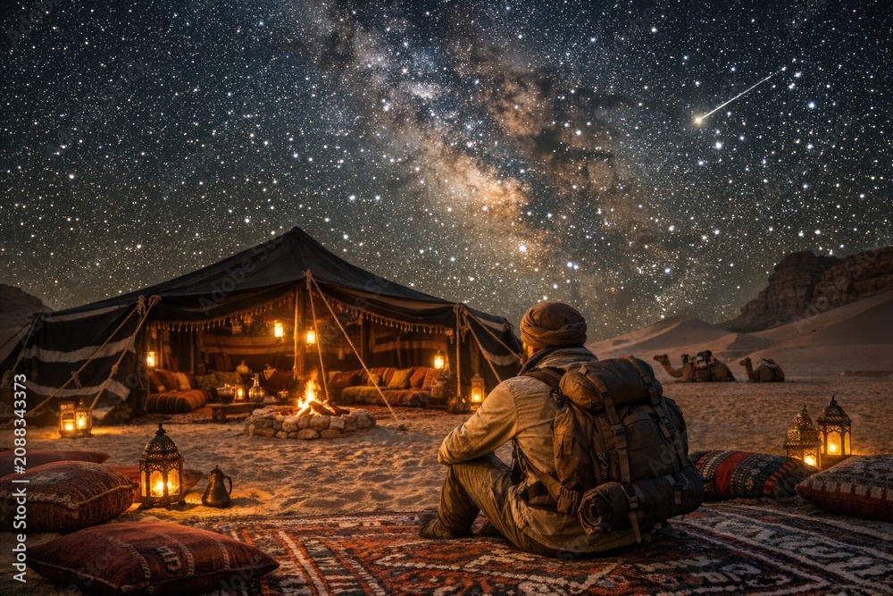 Fototapeta premium A person sitting on a blanket in front of a tent, possibly camping or outdoors