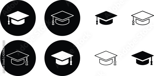 Academic mortarboard graduation cap icons in black circle and plain format featuring traditional scholar hat headgear.