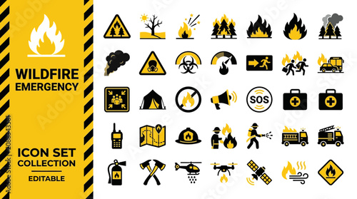 Bild auf Leinwand Wildfire emergency and forest fire safety icons set