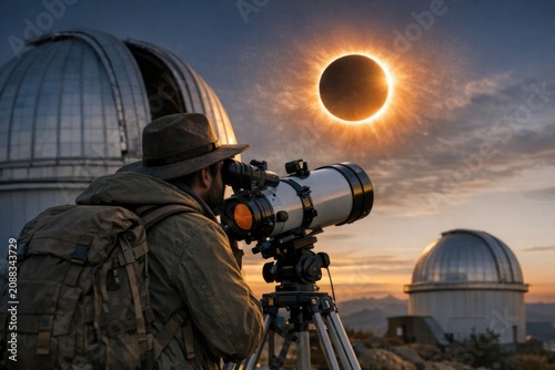 A person looks at the solar eclipse through a telescope, a rare celestial event