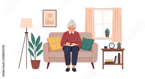 Fotografie An elderly woman sits comfortably on a sofa in her cozy living room, peacefully writing in a journal surrounded by lush plants and homey decor