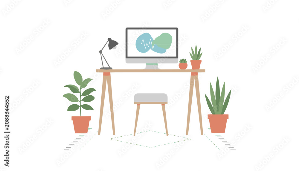 Fototapeta premium Modern home office workspace features a sleek wooden desk with a computer monitor showing a wave graphic, plants, and a small stool.