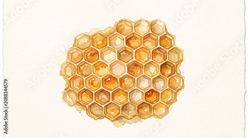 Watercolor Honeycomb Illustration with Golden Honey Drops on White Background