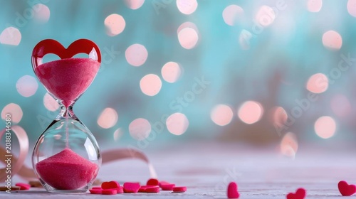 Romantic Hourglass with Heart Shaped Design and Colorful Hearts in a Soft Focus Background for Love Themes