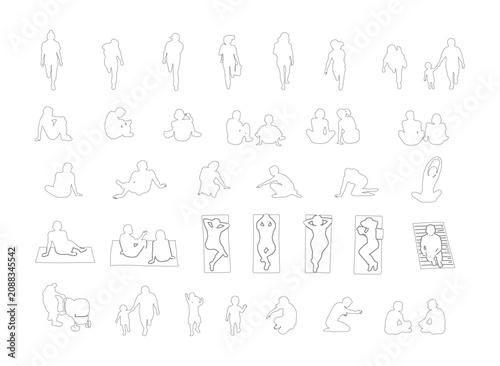 Fotografija Minimal style cad people top view line drawing, Top view, set of graphics sitting lying resting and casual human figure elements outline symbol for architecture interior design