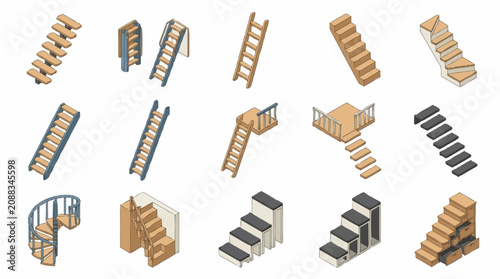 Foto Collection of various wooden and metal ladders in isometric view.