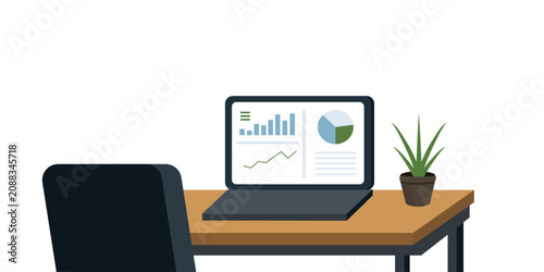 Laptop with Business Charts on Desk Illustration. Office Desk with Laptop and Financial Graphs. Modern Office Desk with Business Dashboard. Business Analytics Workspace.