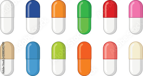Collection of colorful capsule pills in various shades medical pharmaceutical design concept representing healthcare medication treatment artwork
