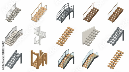 Photos Collection of various 3D rendered staircases in different styles.