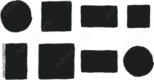 Set of rough textured black geometric shapes circle square rectangle abstract minimal design concept grunge style modern artwork