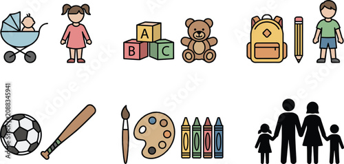 Childhood family motif illustration, educational artwork design, playful concept emblem, parenting figure style, early learning symbol, decorative children icon