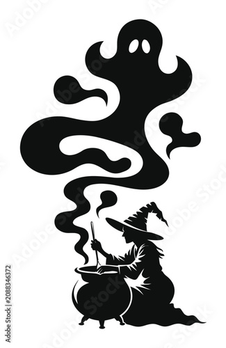 black silhouette of an old witch with a pot .eps