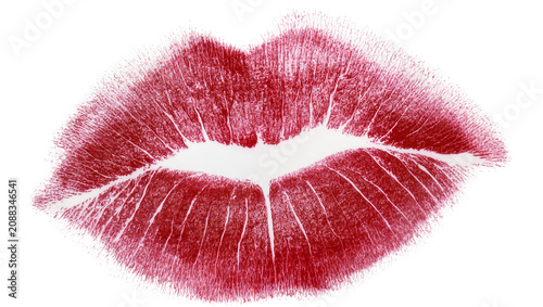 Fotografie Red lipstick kiss mark with fuzzy edges, isolated on transparent background