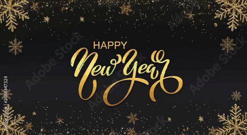 Canvas-taulu Happy New Year golden typography on a dark background with snowflakes and sparkl
