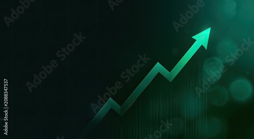Glowing green arrow charting upward trend against dark, bokeh background