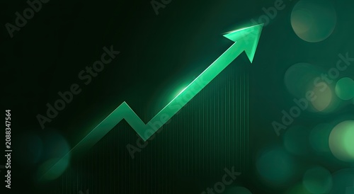 A glowing green arrow charting a sharp upward trend against a dark bokeh background