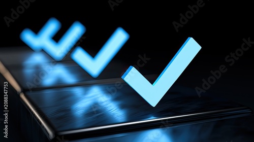 Neon blue checkmarks glowing on a reflective dark surface, symbolizing success