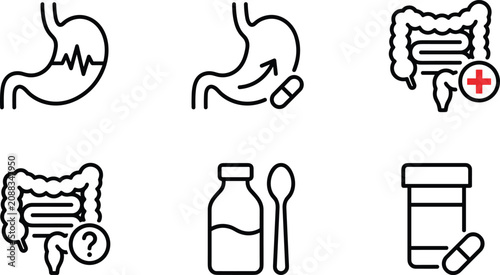 Digestive health icons, stomach activity, medicine intake, intestinal treatment, digestive issues, prescription medication, gastrointestinal care, medical illustration vector design