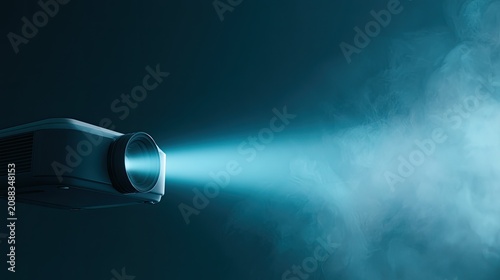 A modern projector emits a bright blue light beam through smoky air