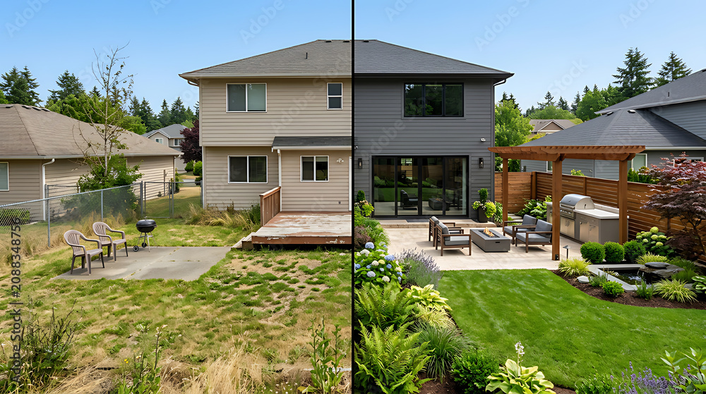 Fototapeta premium Split view demonstrating transformation of a backyard from neglected to lush and well-maintained outdoor space with landscaping