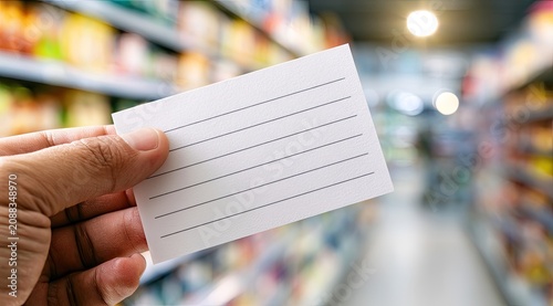 Hand holds blank lined card in brightly lit supermarket aisle