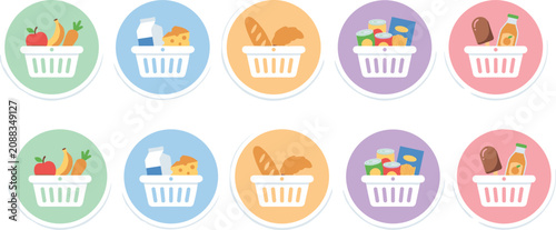 Supermarket Grocery Shopping Basket Round Icon Set Categorized with Fruit Dairy Bakery Canned Goods and Snack Badges for Web and App UI Design