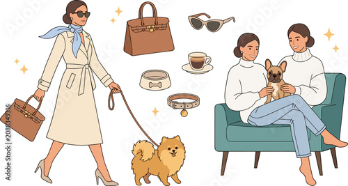 Elegant Fashion Woman and Dog Owner Lifestyle Vector Set with Trench Coat Luxury Handbag Pomeranian Walk French Bulldog and Armchair for Blog Design